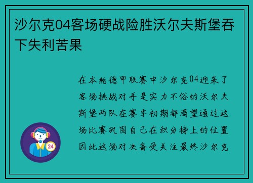 沙尔克04客场硬战险胜沃尔夫斯堡吞下失利苦果